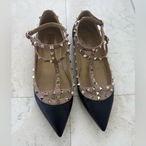 Valentino Rockstud Leather Black and Gold Ballet Flats
